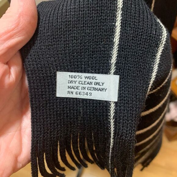 Vintage Men’s Scarf German-Made All Wool Fringed Black w/ White Stripes 14”x58” - Picture 4 of 4